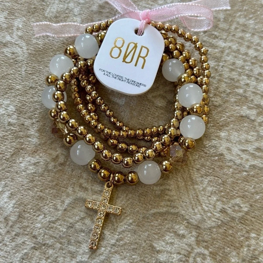 Brand New 8 Other Reasons Gold Plated Brass Bubble Bangle Set Stretchy Revolve